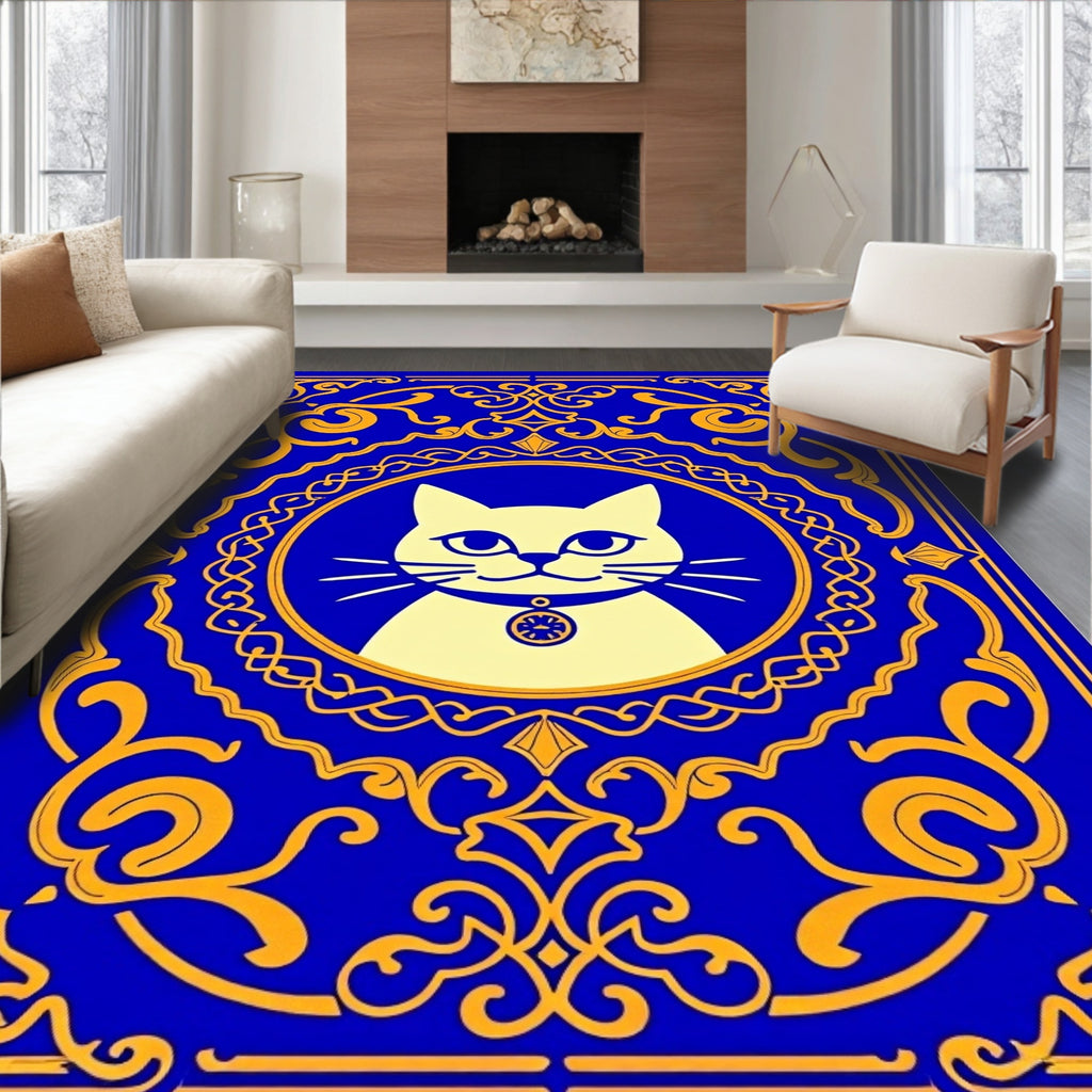 Aesthetic Blue Yellow Feline Medallion Rug