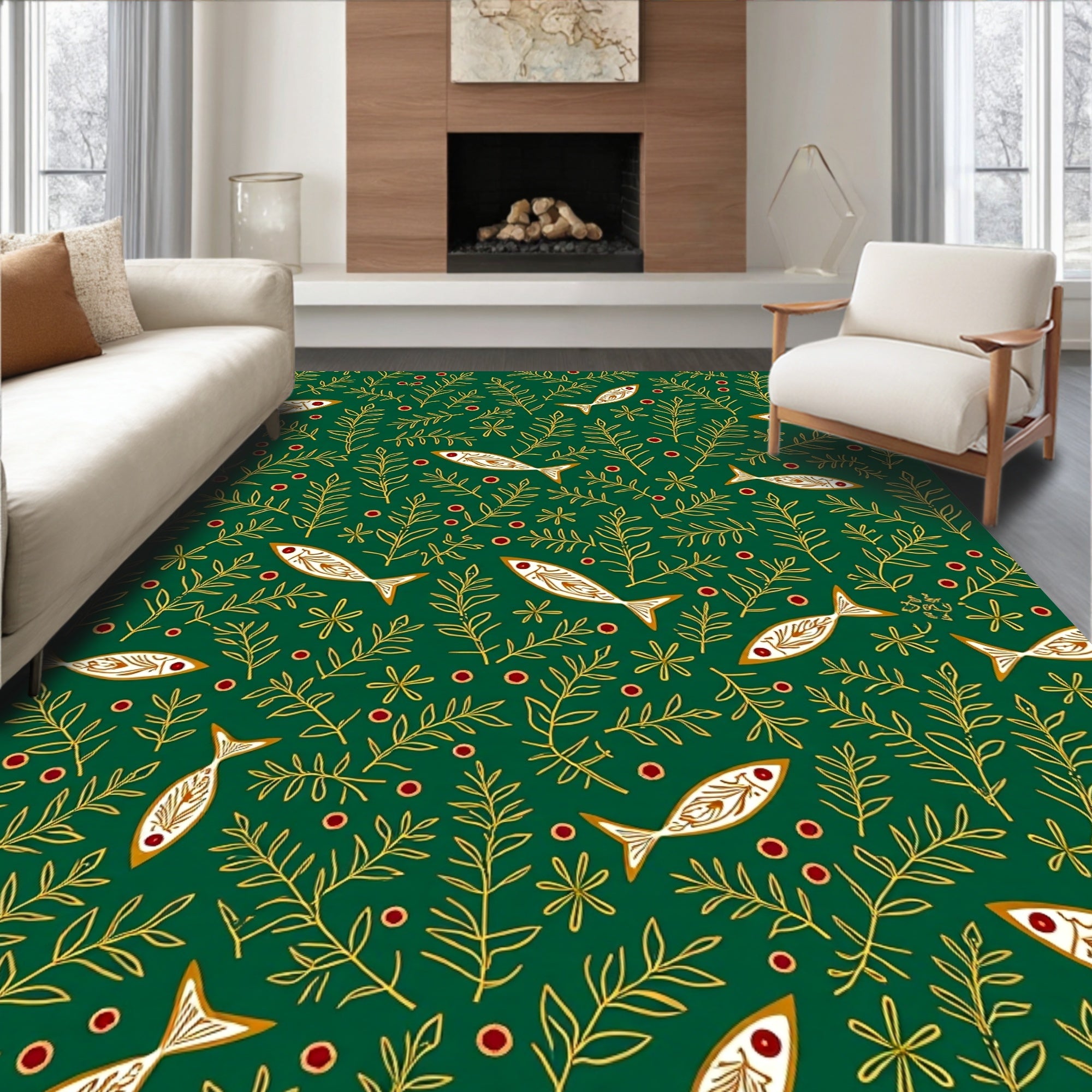 Green Gold Fish Aquatic Fern Rug