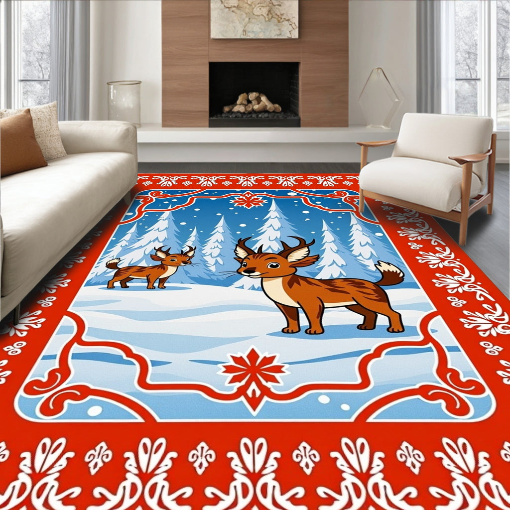 Whimsical Winter Deer Forest Scene Rug