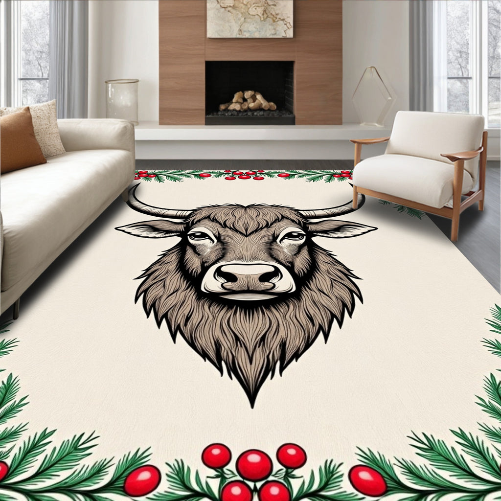 Graphic Brown Bull Festive Holiday Rug