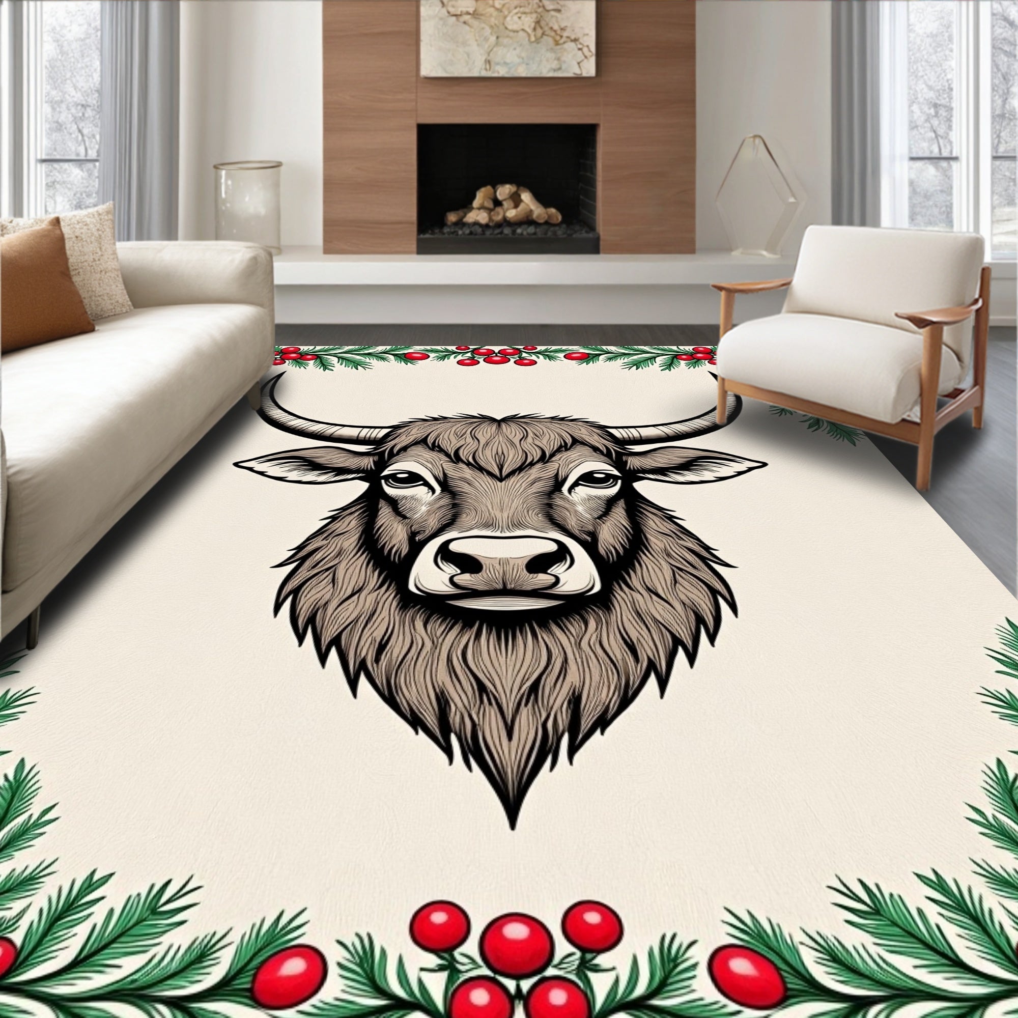 Graphic Brown Bull Festive Holiday Rug