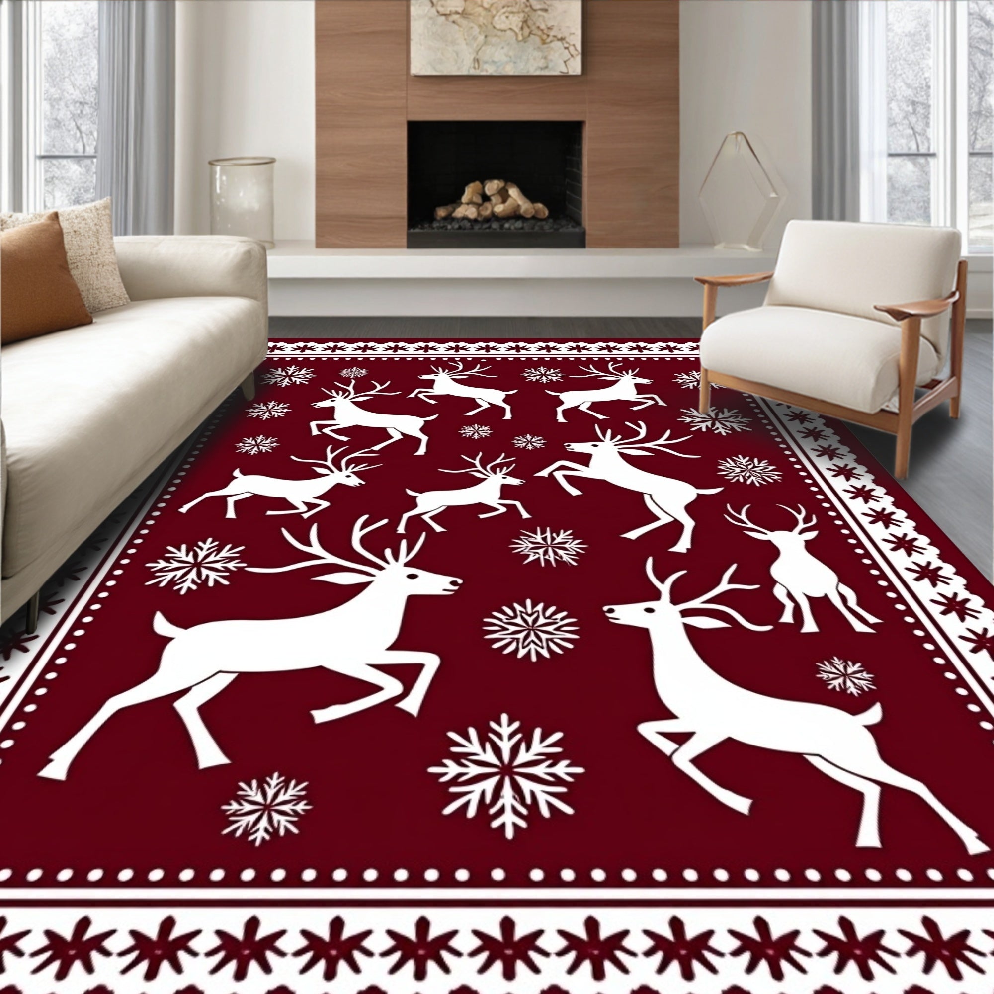 Crimson Deer Snowflake Winter Border Rug