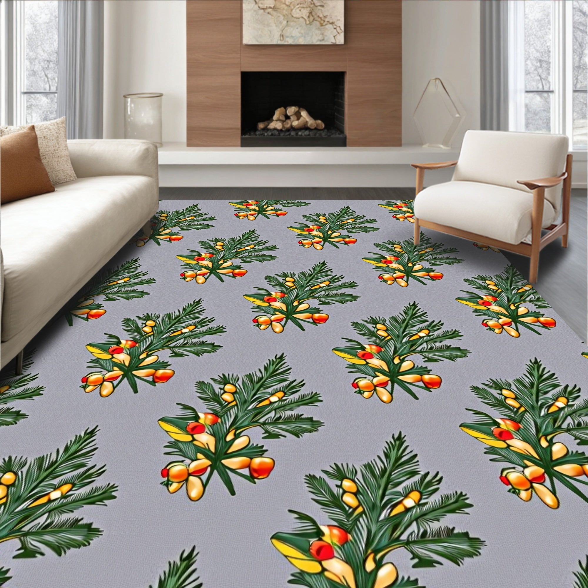 Green Leafy Branches with Red Berries Rug