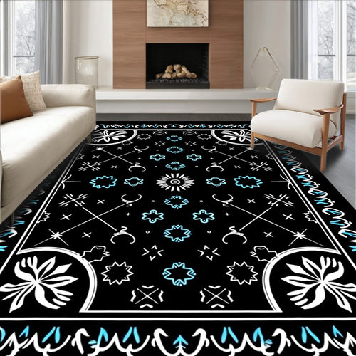 Black White Turquoise Celestial Symbols Rug