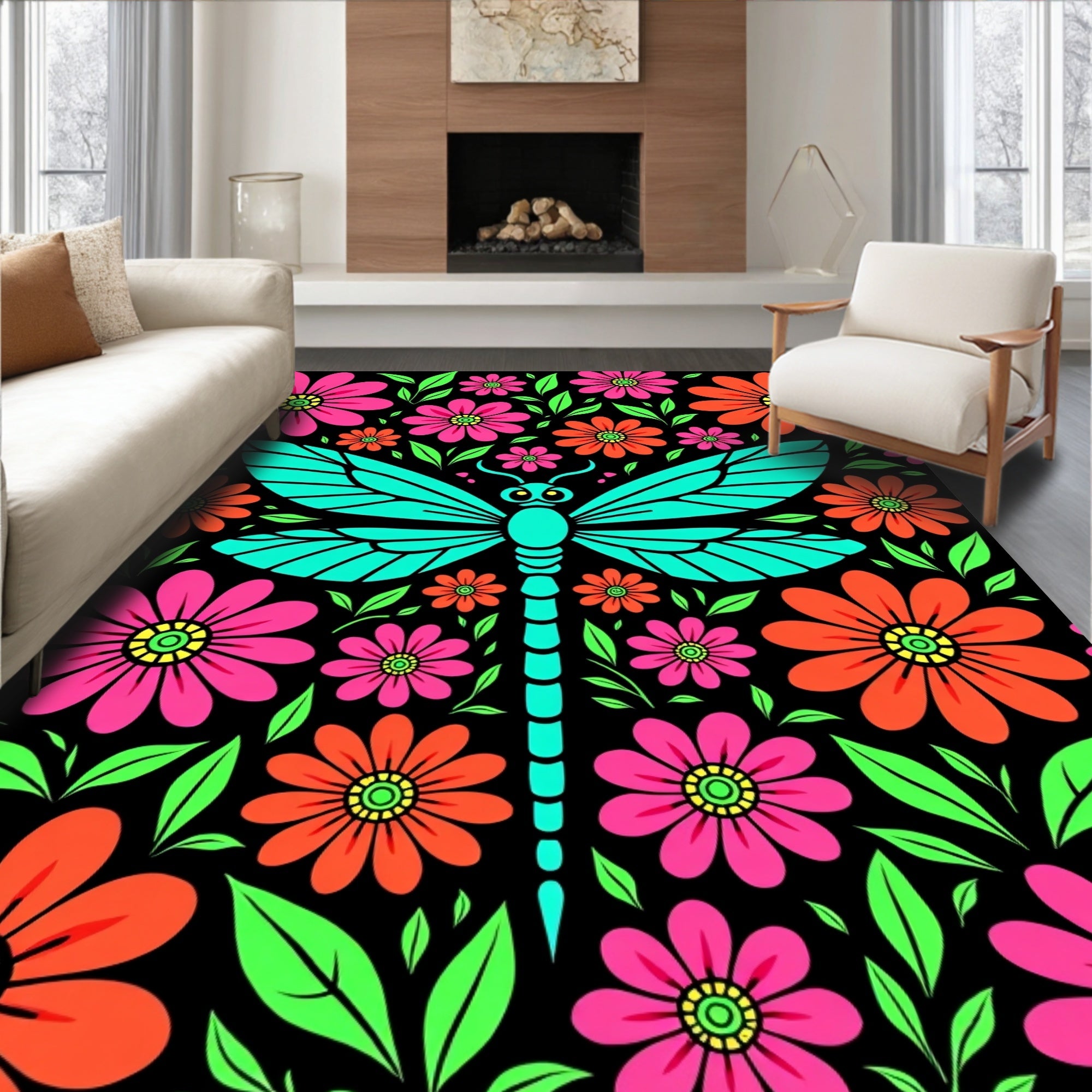 Vibrant Teal Dragonfly Floral Garden Rug