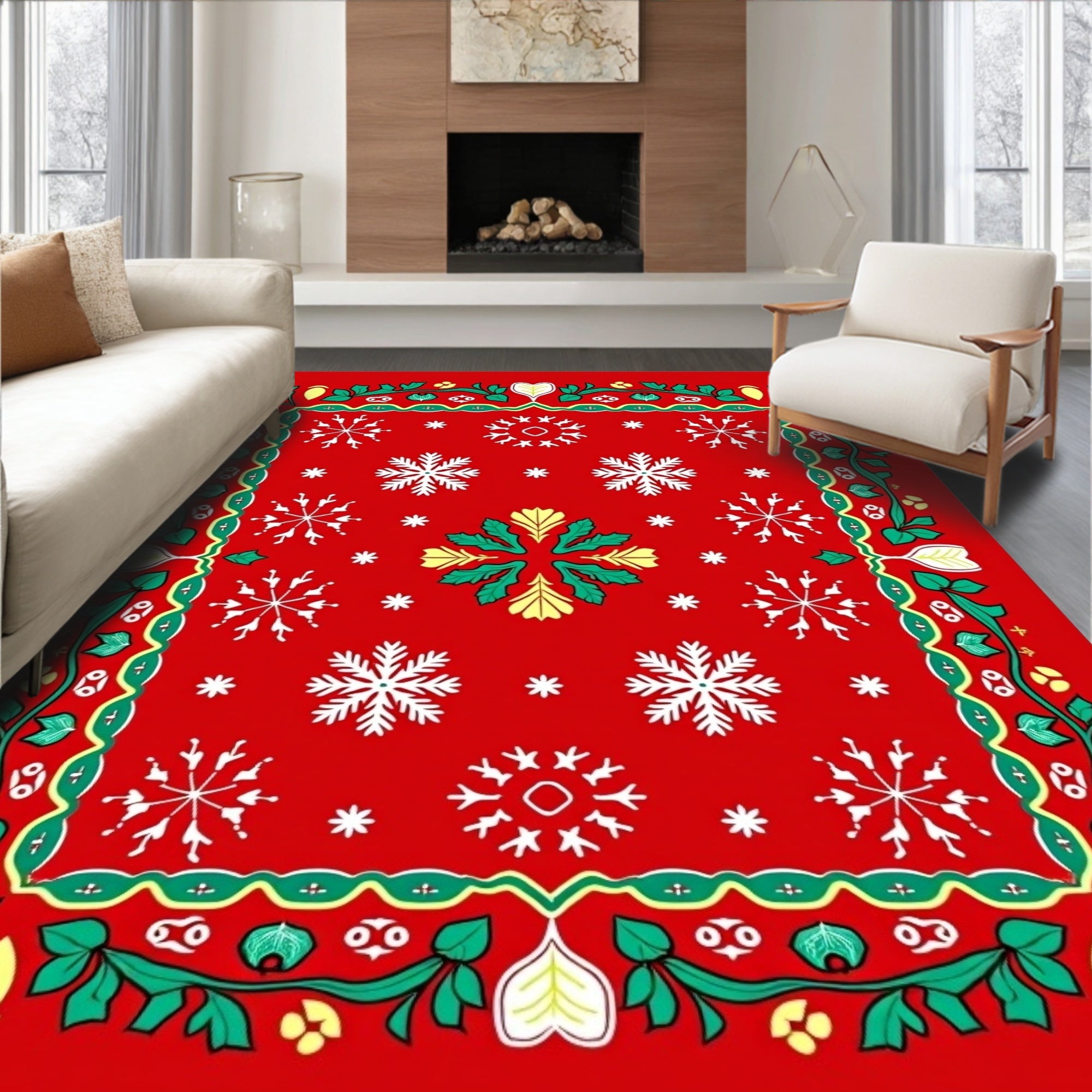 Red Snowflake Evergreen Garland Rug