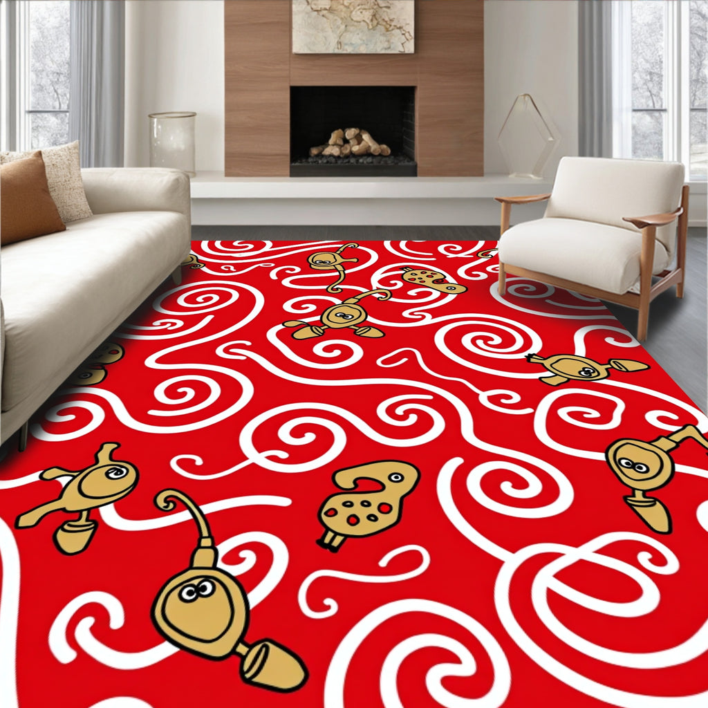 Whimsical Red Golden Cartoon Creatures Rug