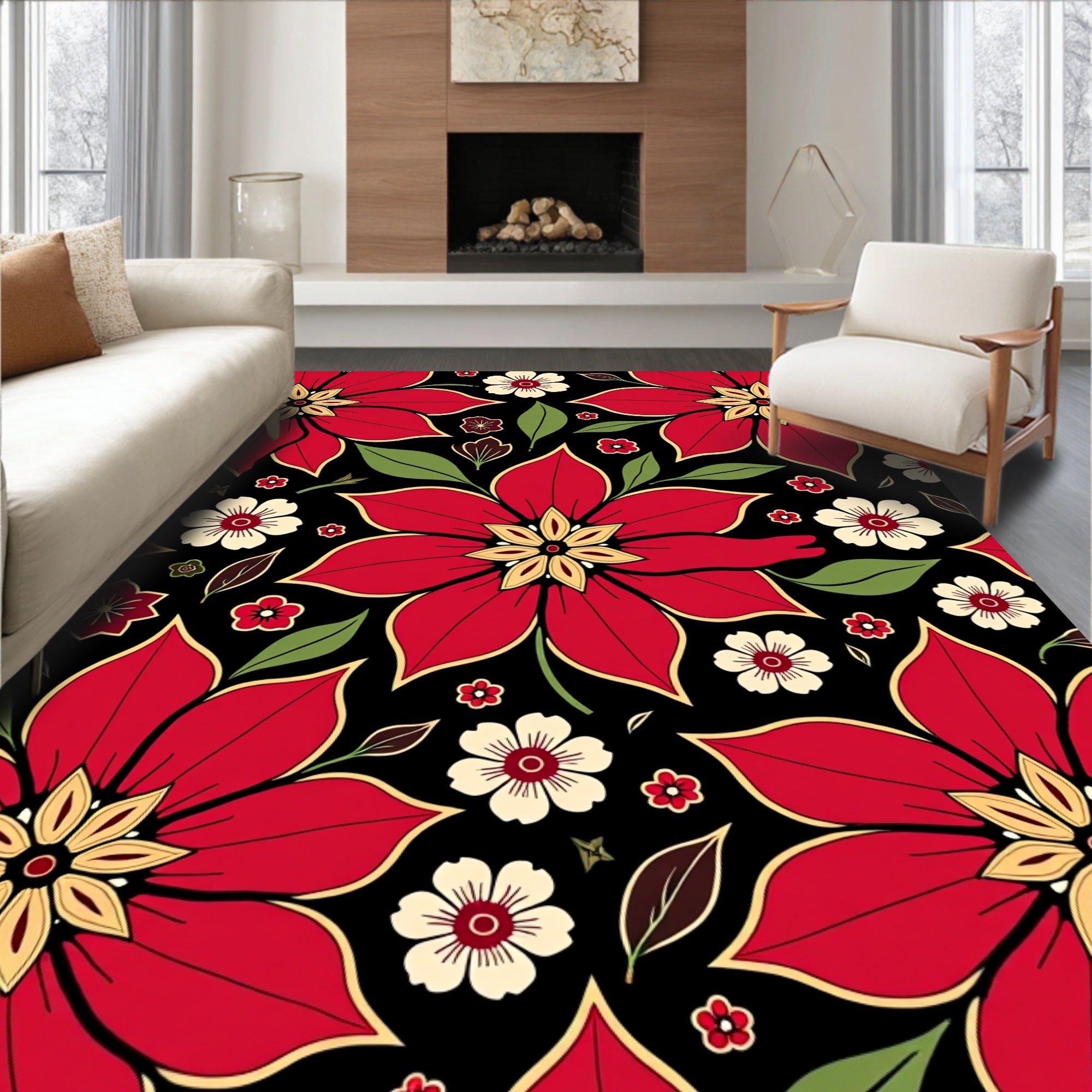Bold Red Floral Bloom Garden Rug
