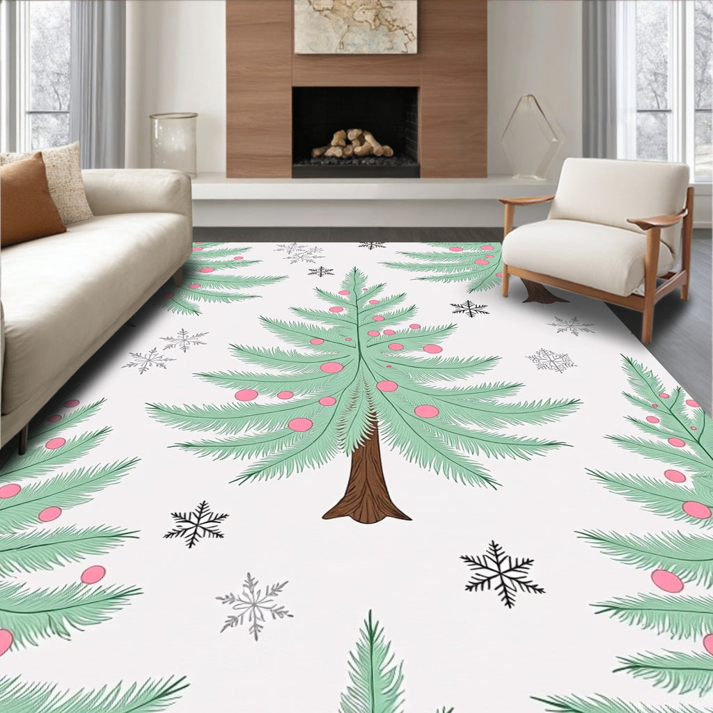 Whimsical Mint Christmas Trees Snowflakes Rug