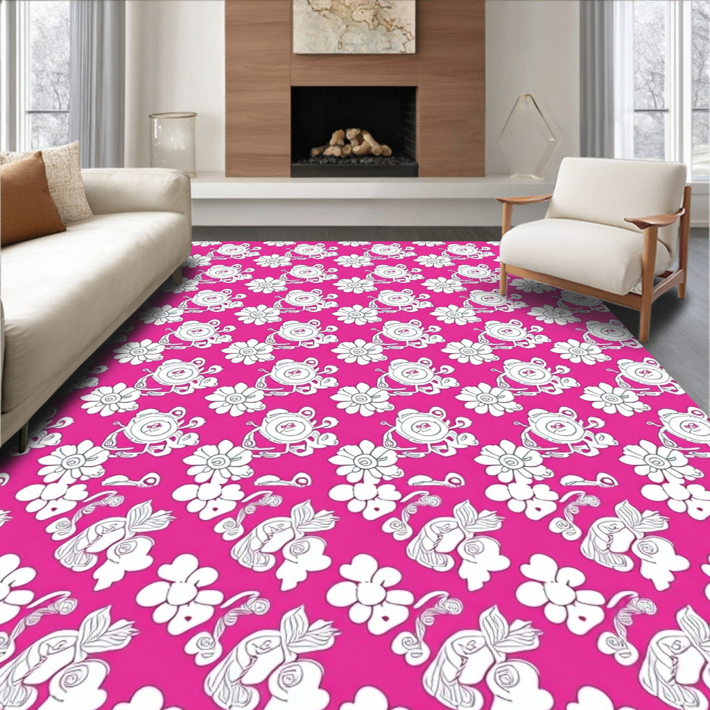 Pink Whimsical Creature Floral Repeat Rug