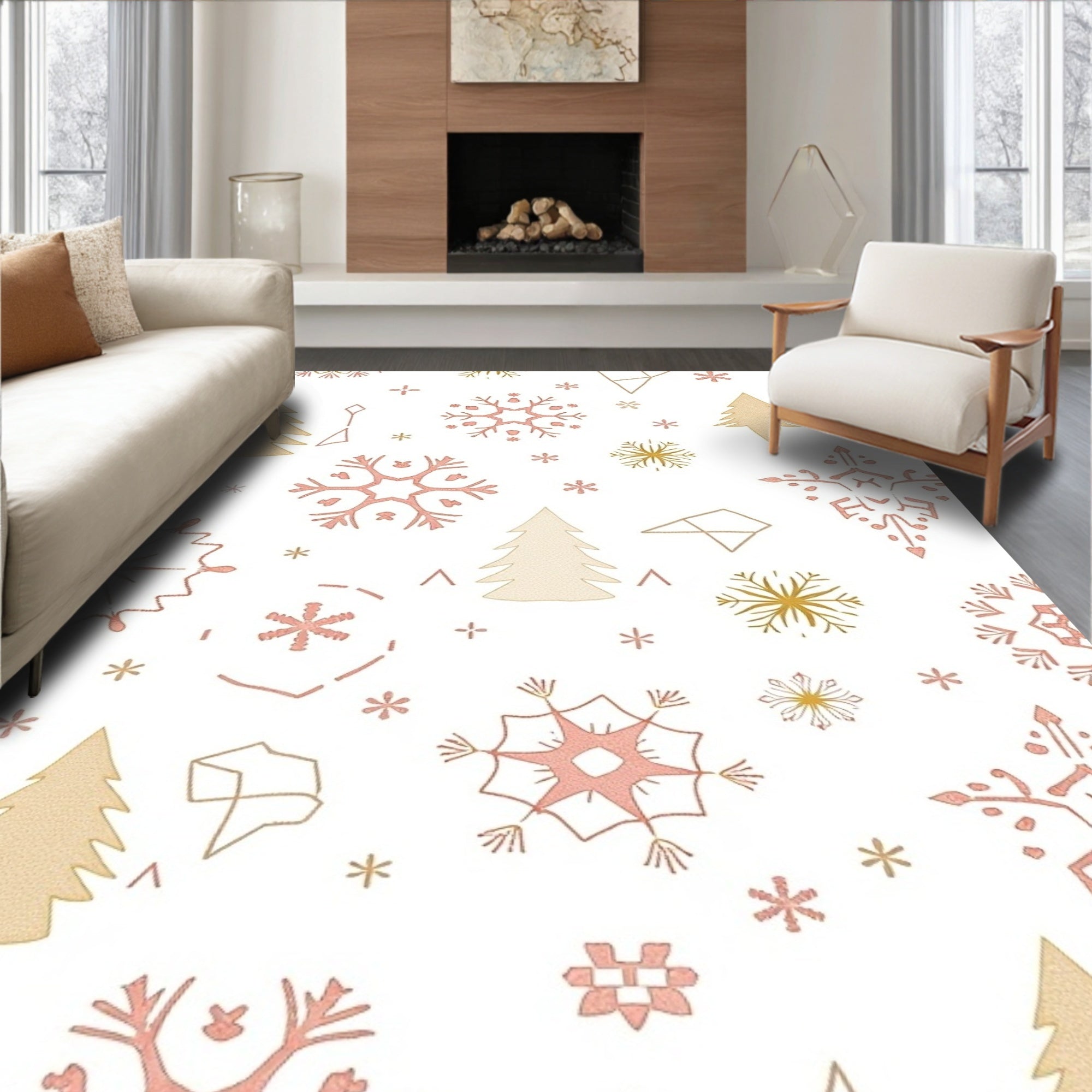 Rose Gold Snowflake Pine Tree Trio Rug