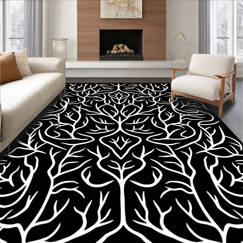 Black White Organic Tree Branch Rug