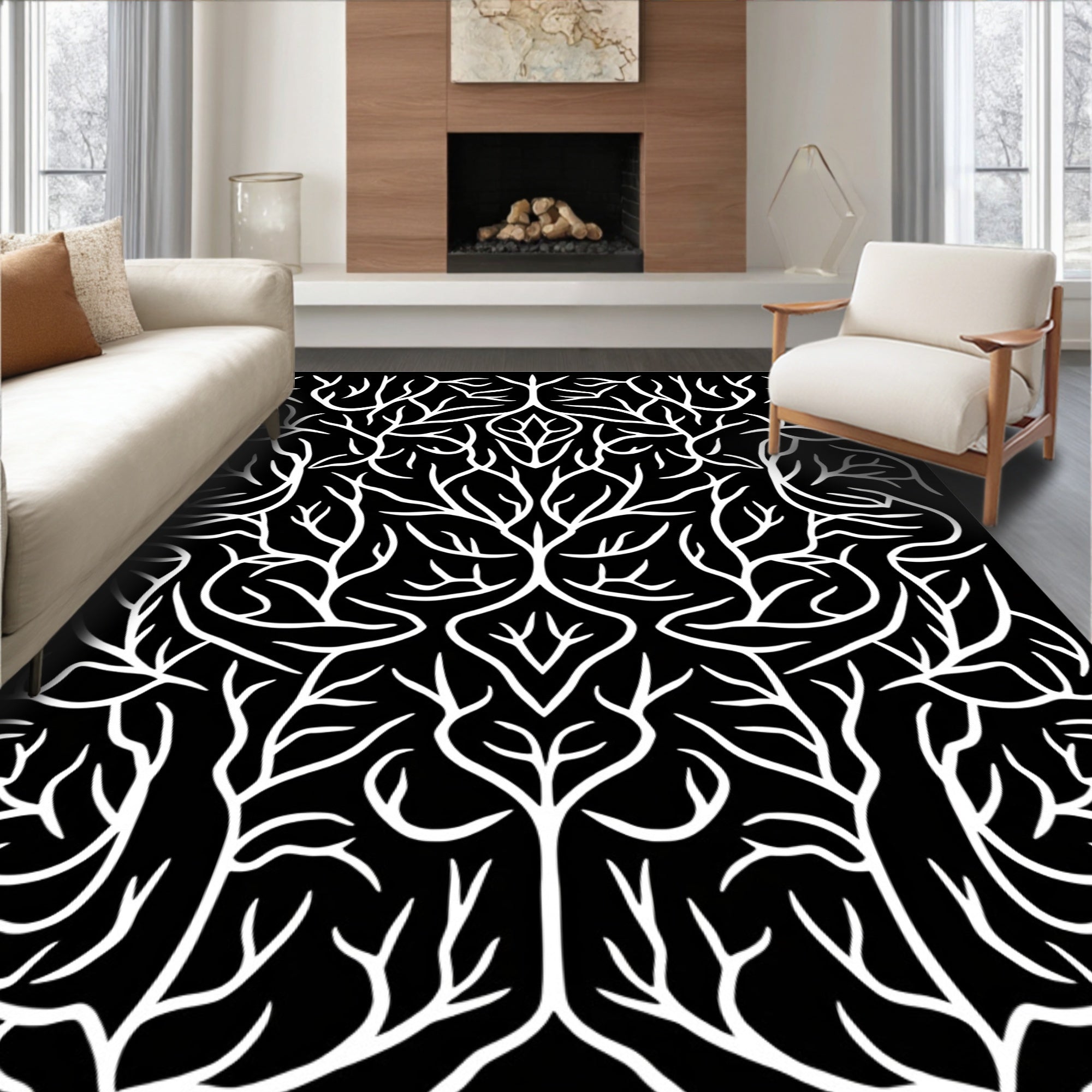 Black White Organic Tree Branch Rug