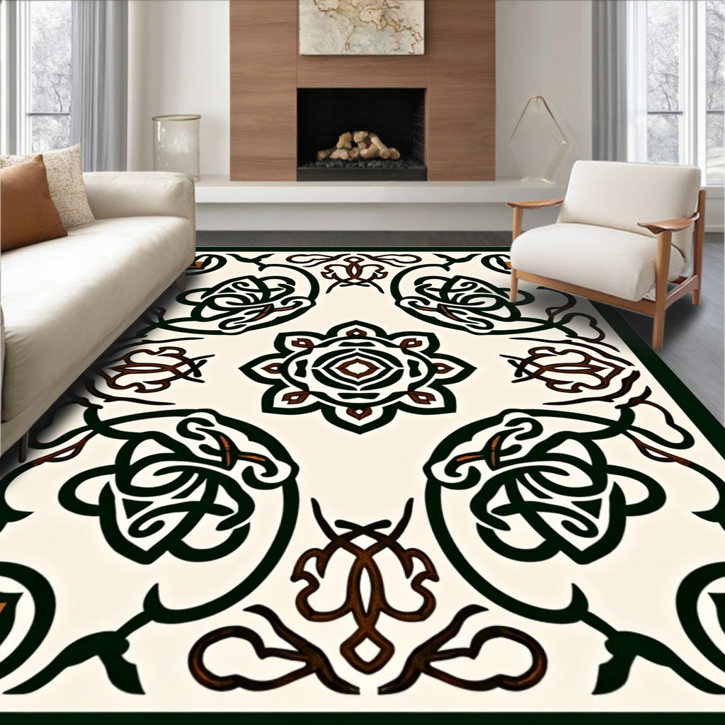 Intricate Dark Green Floral Medallion Ivory Rug