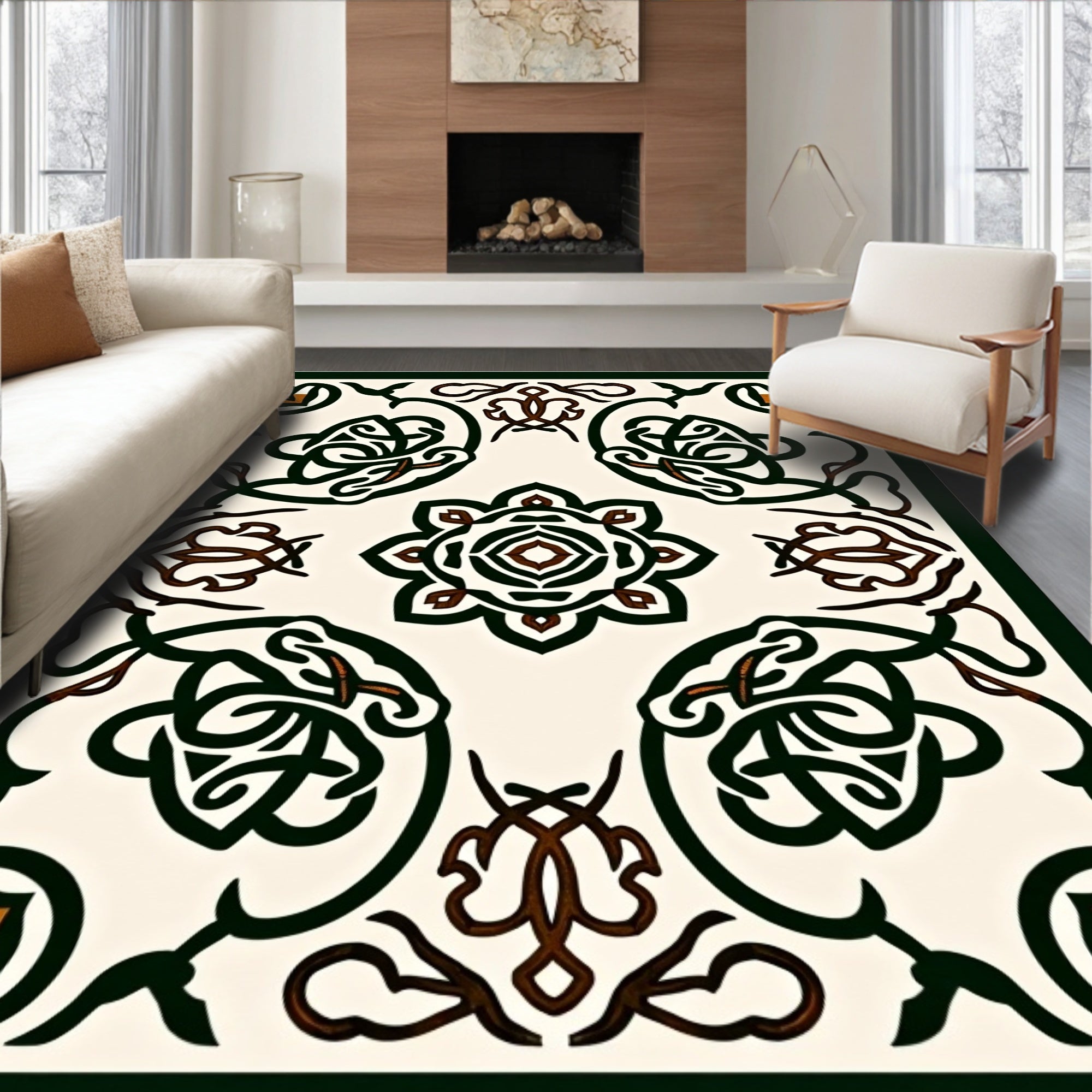 Intricate Dark Green Floral Medallion Ivory Rug