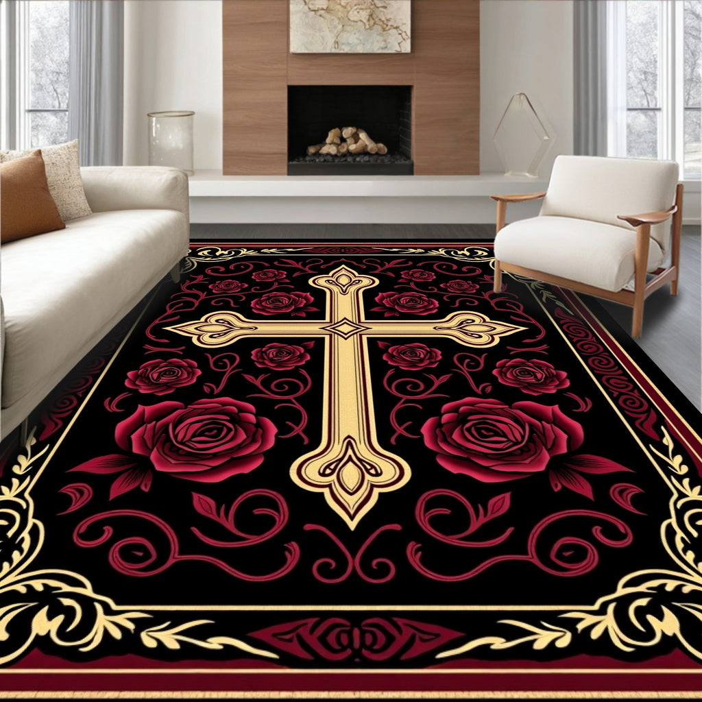 Crimson Rose Cross Ornate Border Rug