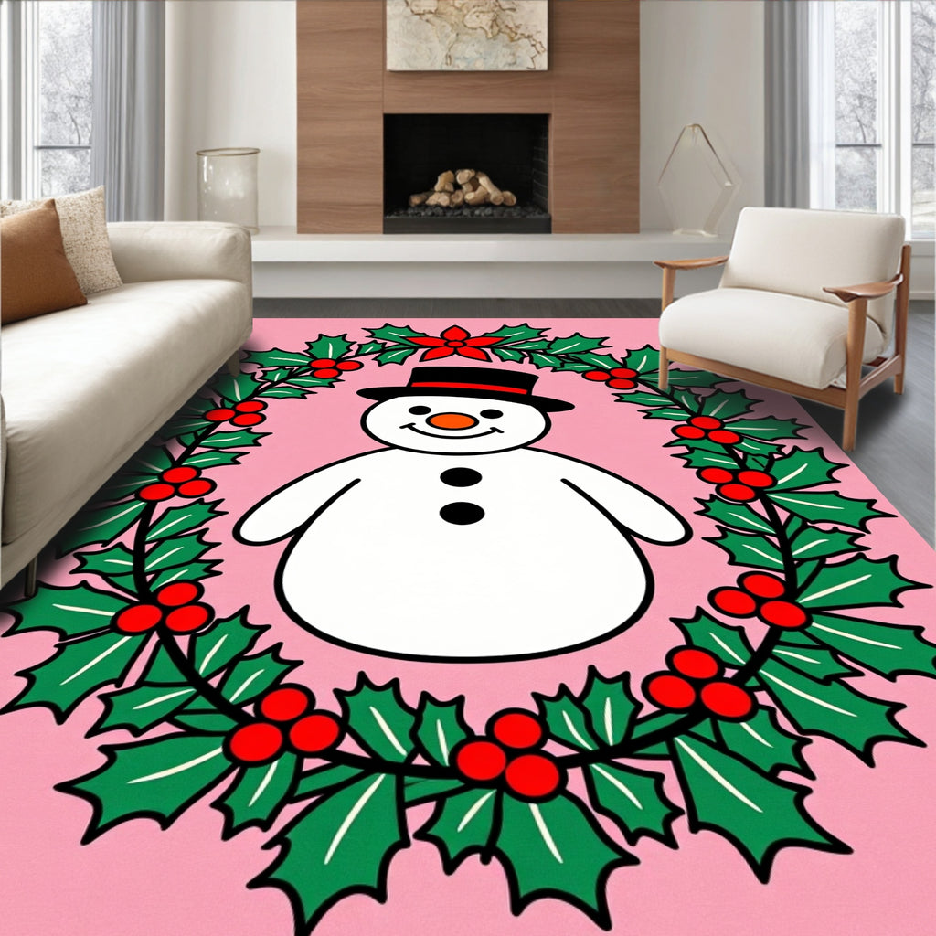 Pink Holly Wreath Snowman Holiday Rug