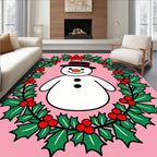 Pink Holly Wreath Snowman Holiday Rug