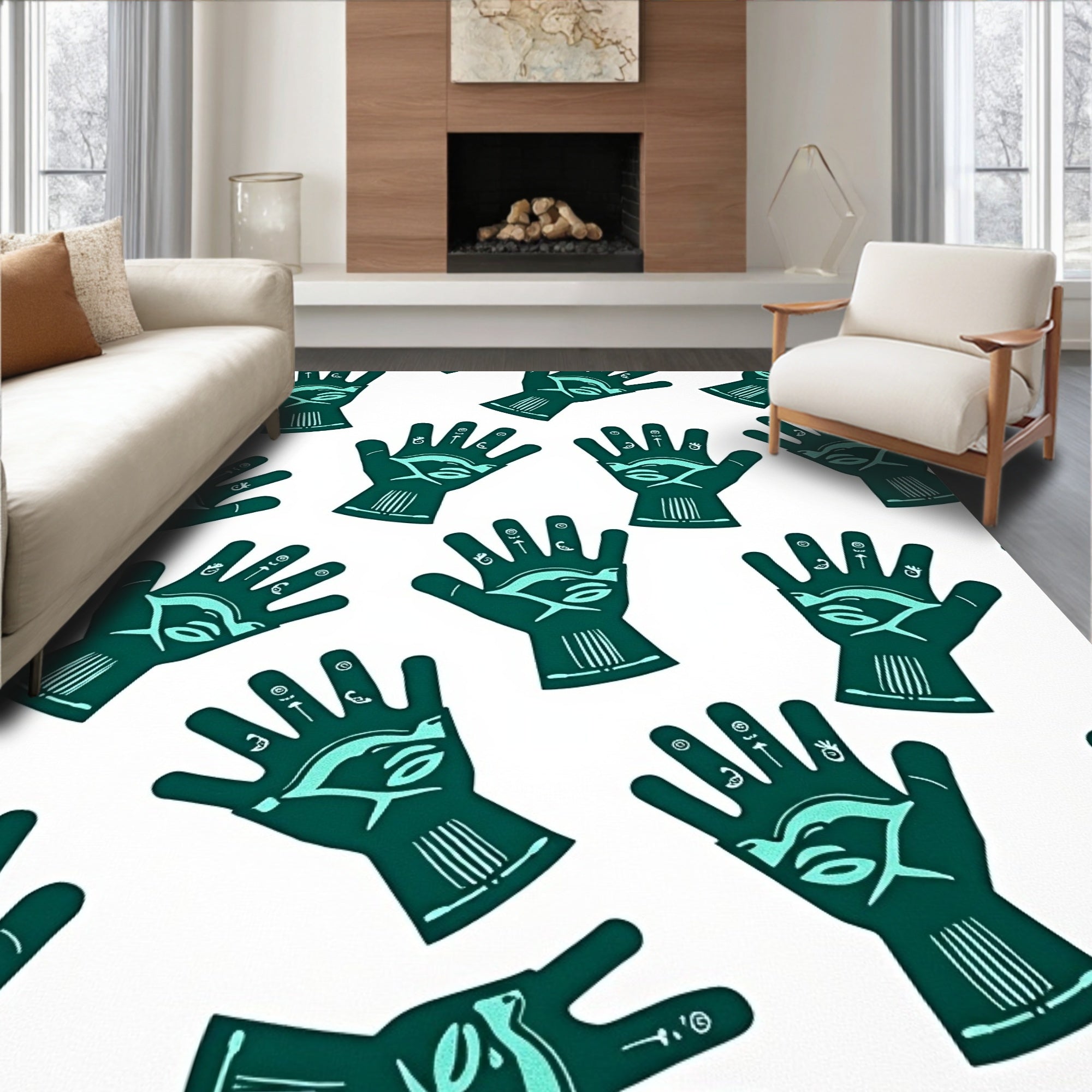 Teal Hand Eye Hieroglyph Arrangement Rug