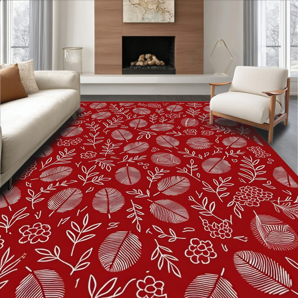 Crimson White Herbal Leaf Cluster Rug