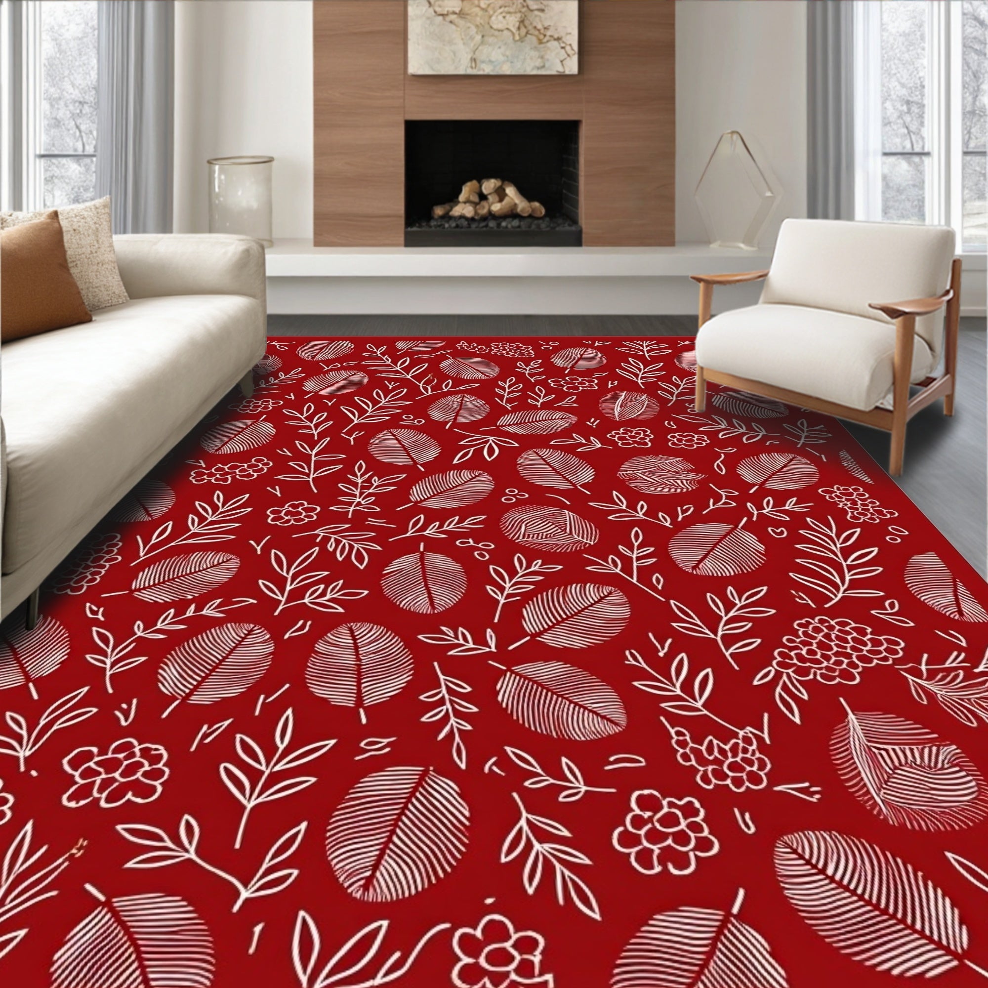 Crimson White Herbal Leaf Cluster Rug