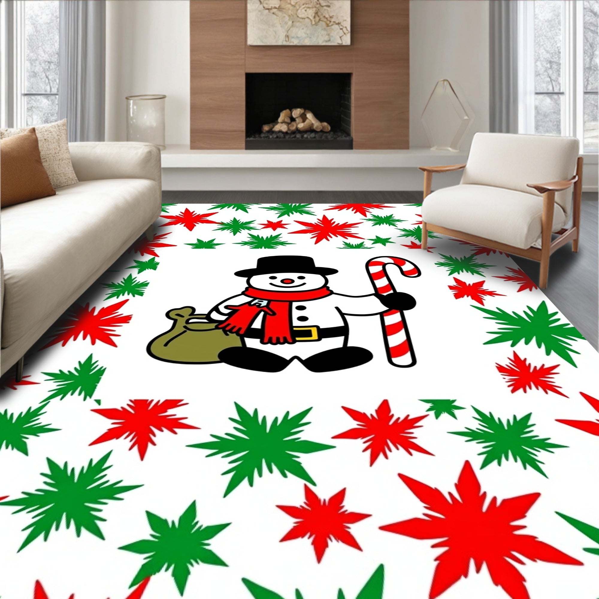 Christmas Snowman Red Green Starburst Rug