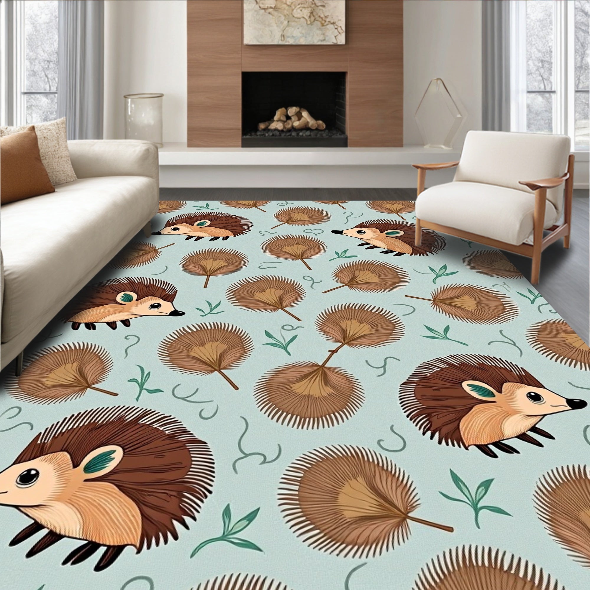 Cute Brown Hedgehog Leaf Medley Rug