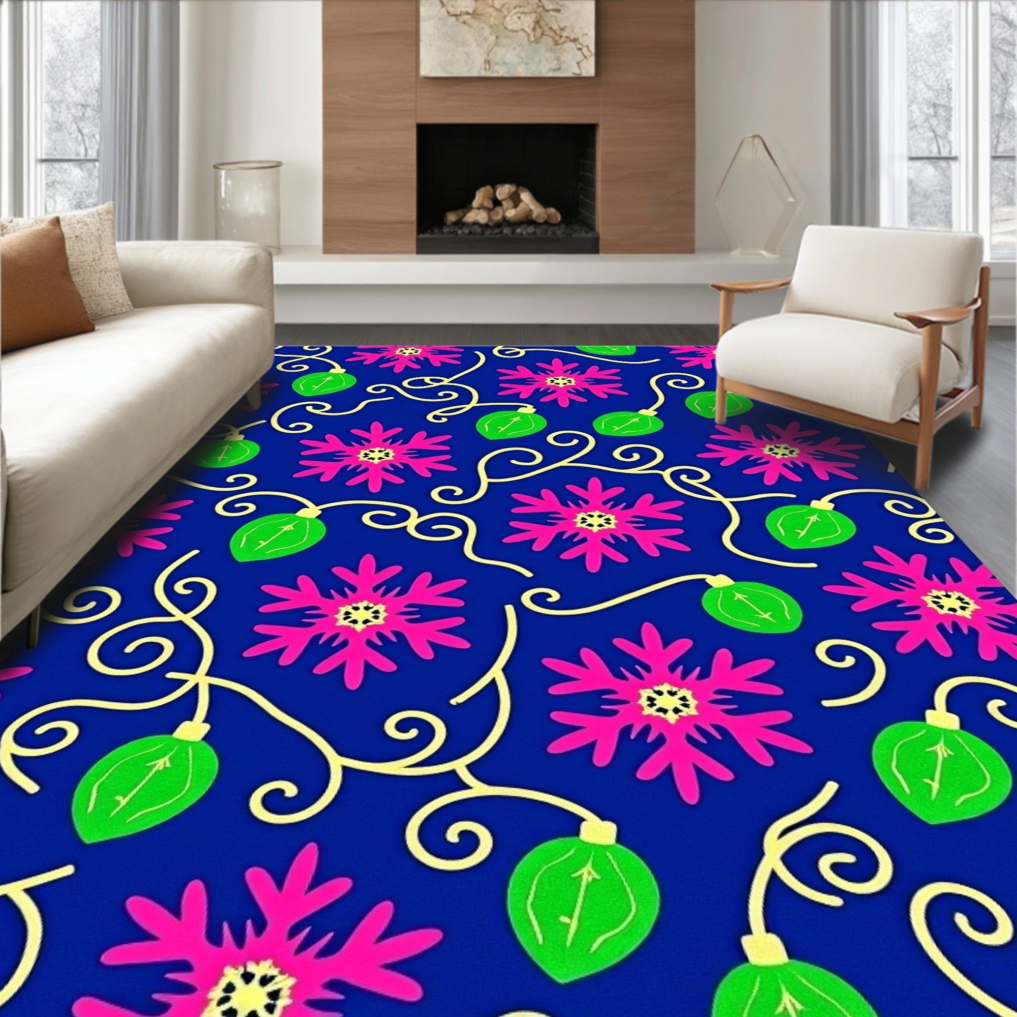 Bright Pink Snowflake Swirl Ornament Rug