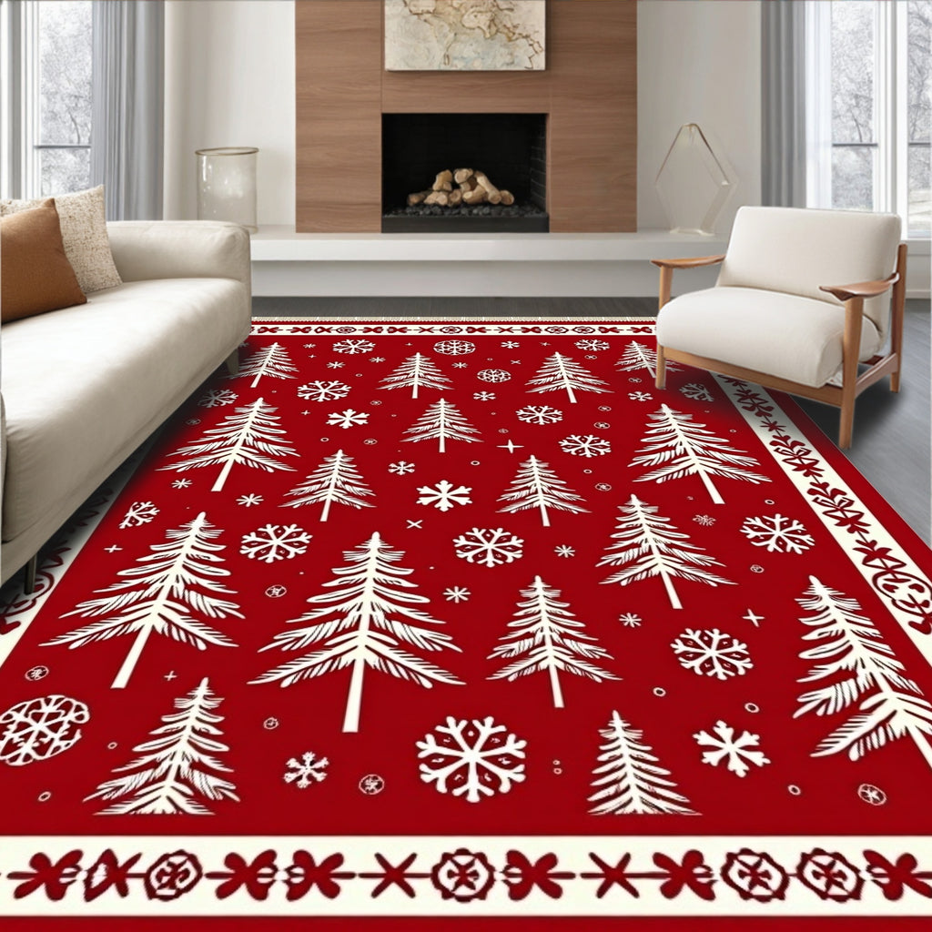 Red White Christmas Tree Snowflake Rug