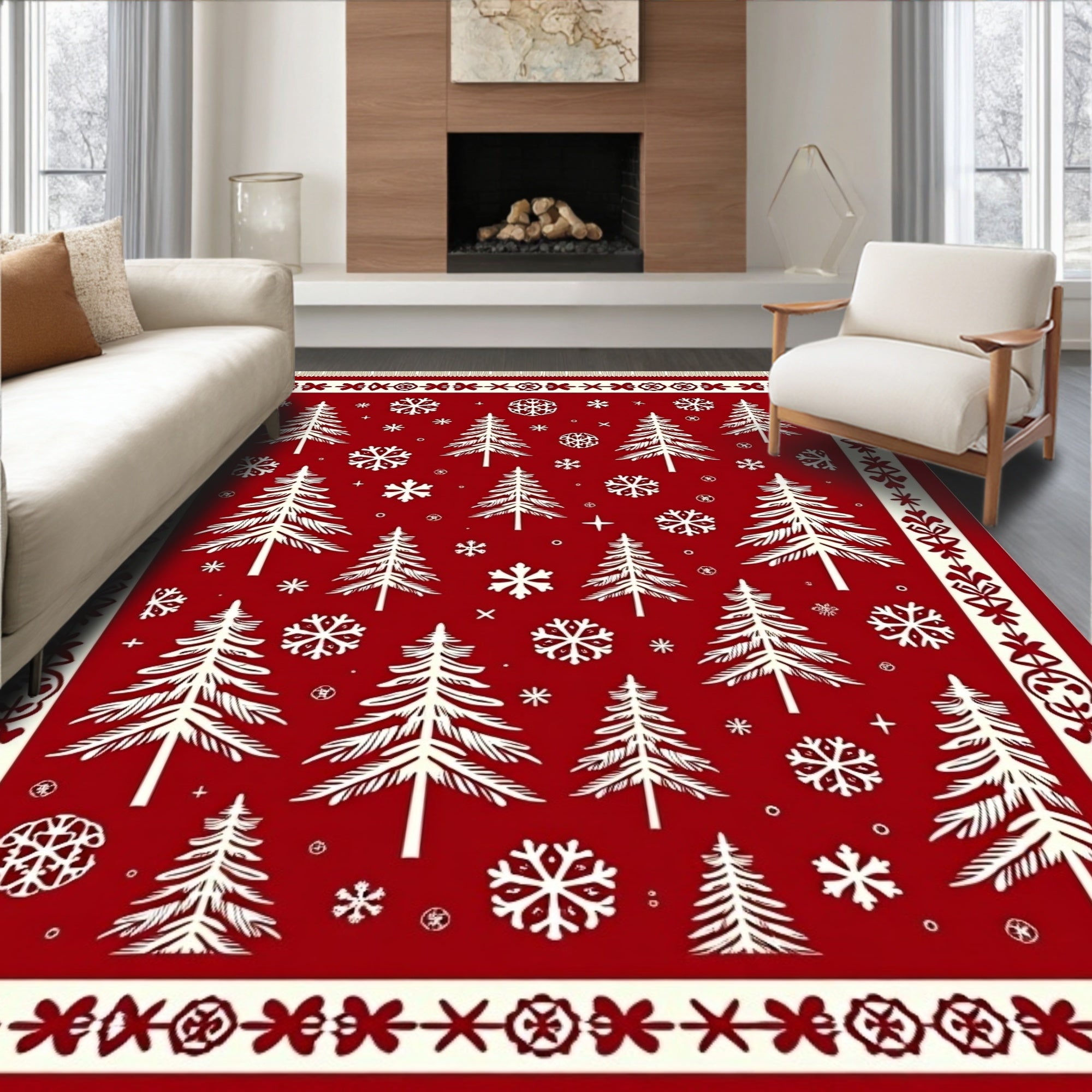 Red White Christmas Tree Snowflake Rug