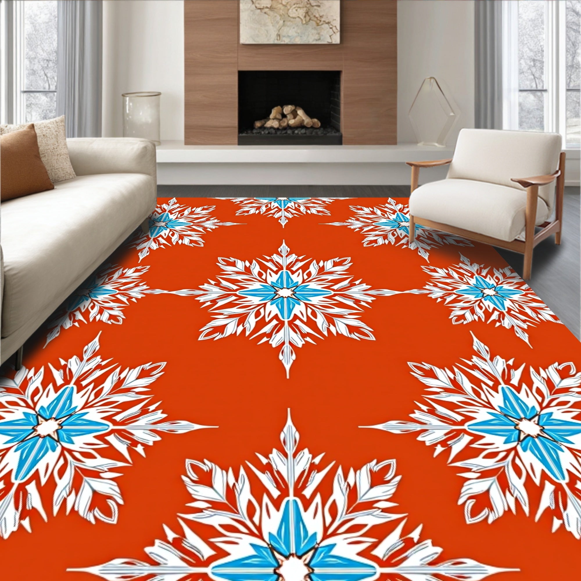 Orange Red Snowflakes Floral Repeat Rug