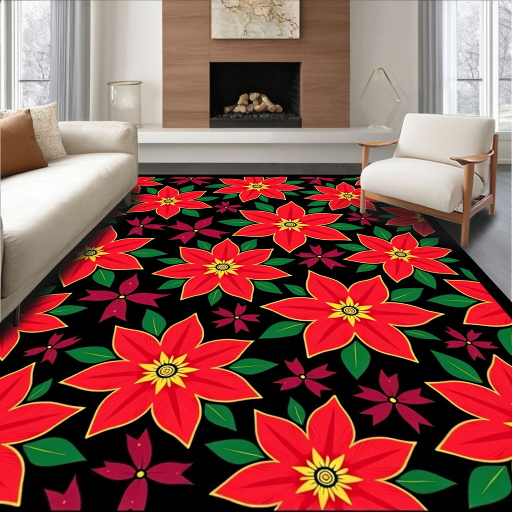 Crimson Red Poinsettia Floral Arrangement Rug