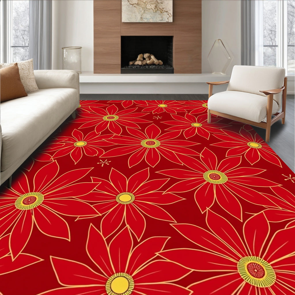 Bold Red Yellow Floral Bloom Rug