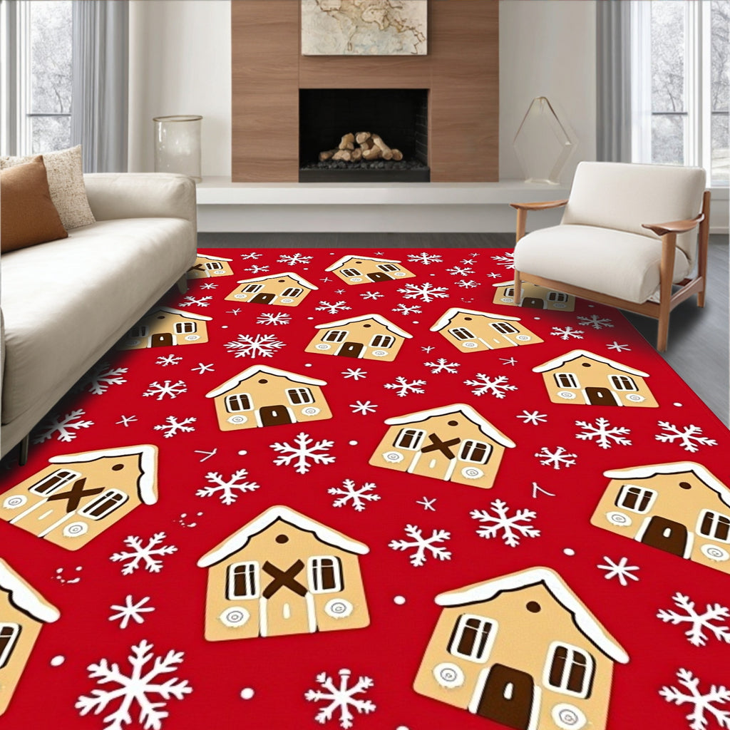 Festive Gingerbread Houses Snowflake Pattern Rug