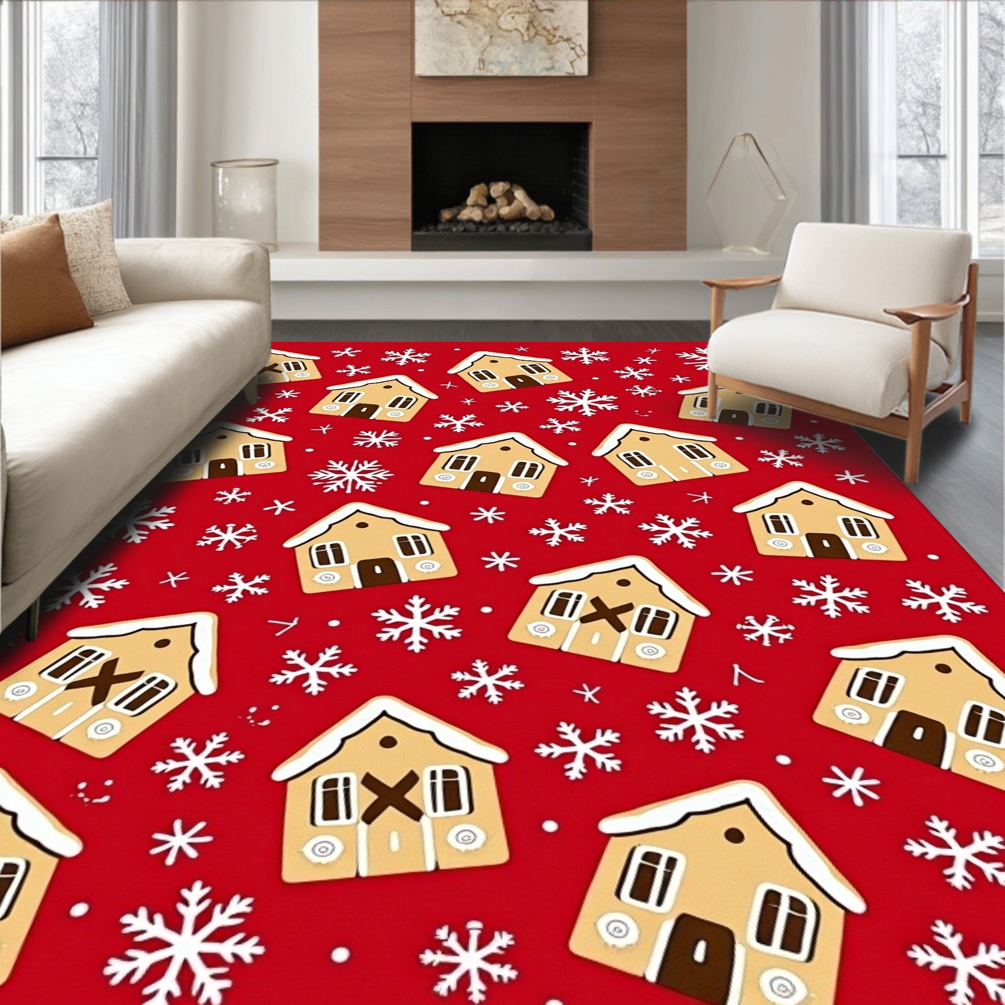 Festive Gingerbread Houses Snowflake Pattern Rug