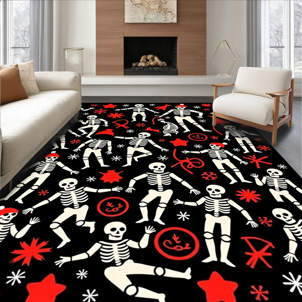 Festive Skeleton Snowflake Stars Black Rug