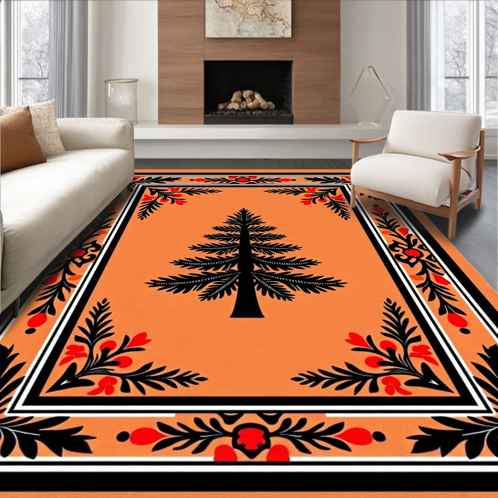Bold Black Tree Red Floral Border Rug