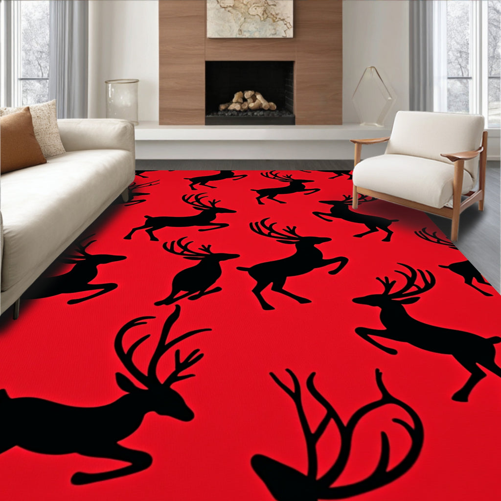 Bold Red Jumping Deer Silhouette Rug
