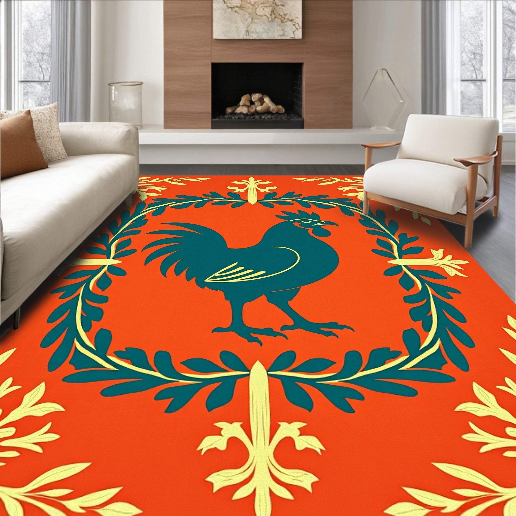 Vibrant Rooster Floral Border Rug