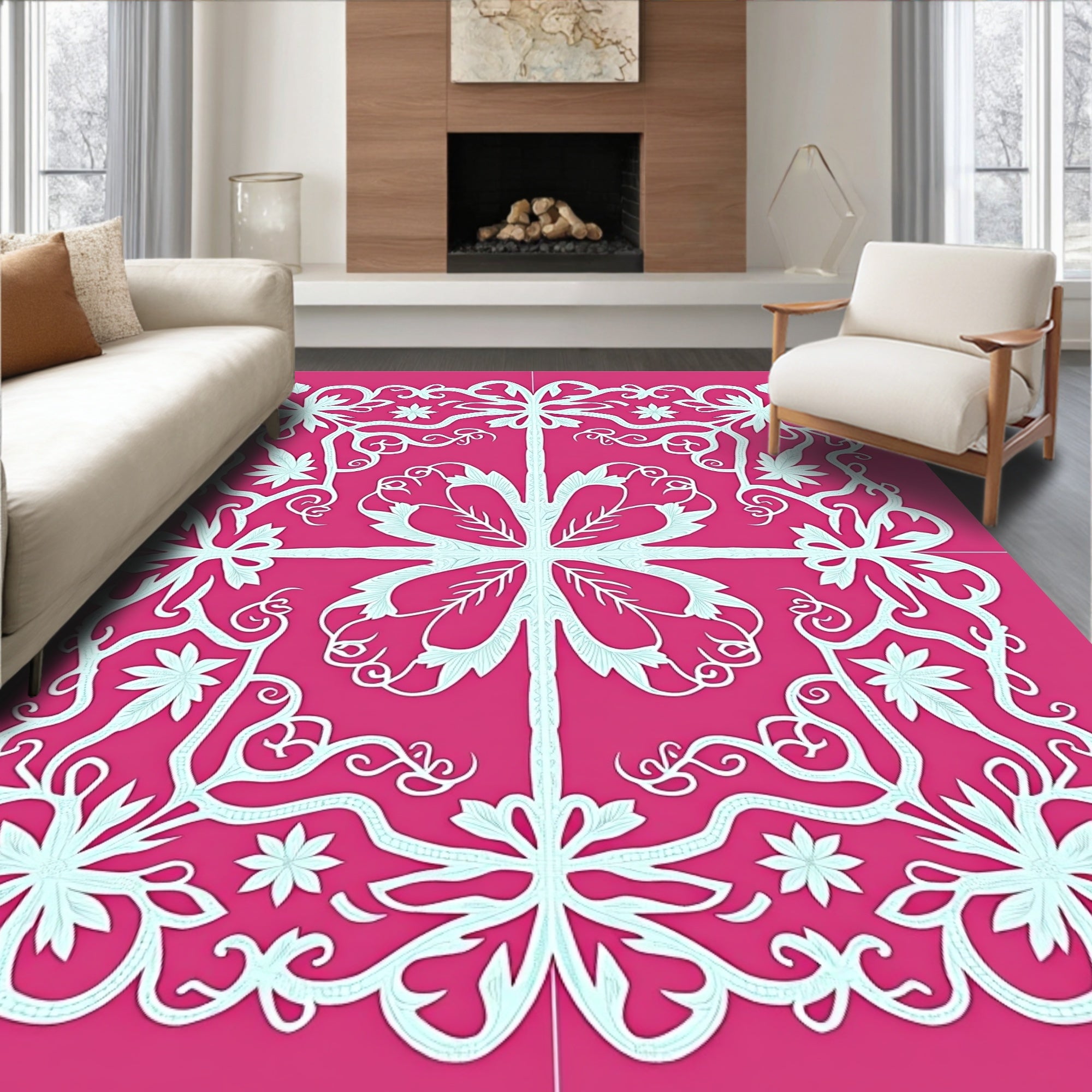 Fuchsia Floral Filigree Medallion Rug