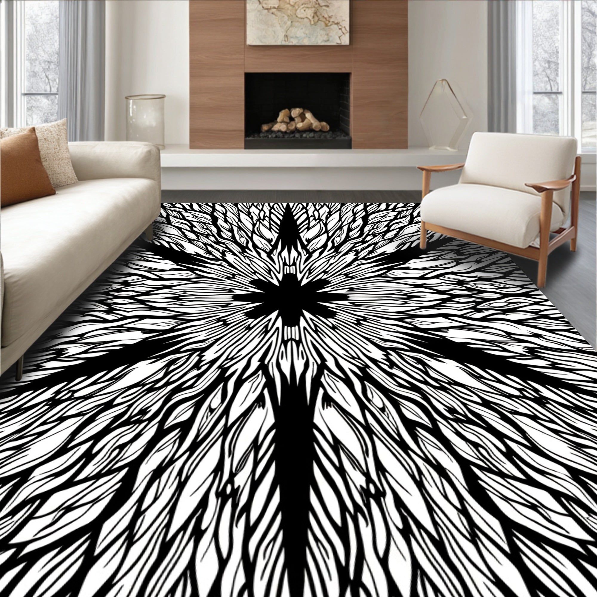 Black White Starburst Organic Textures Rug