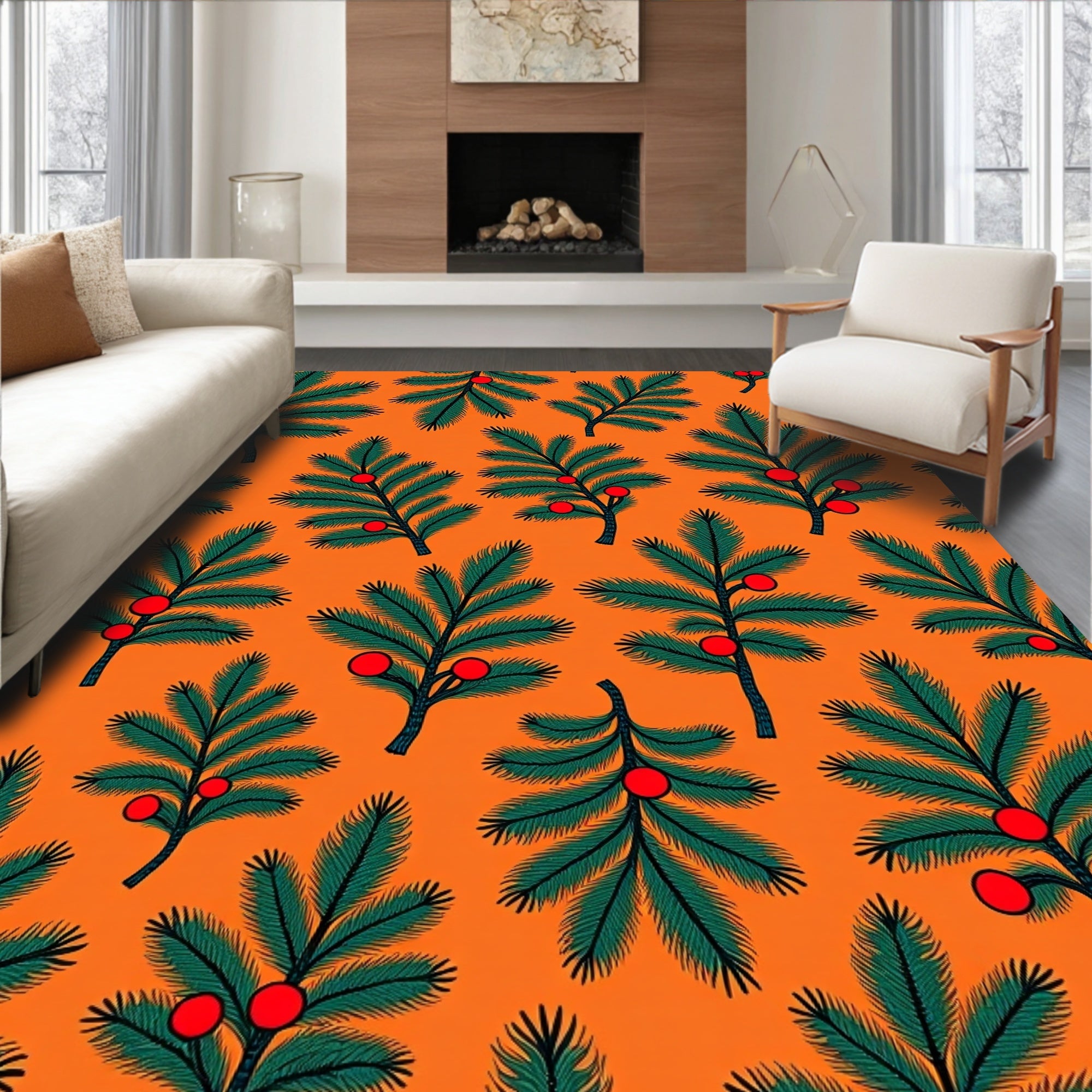Green Pine Branch Red Berry Orange Rug