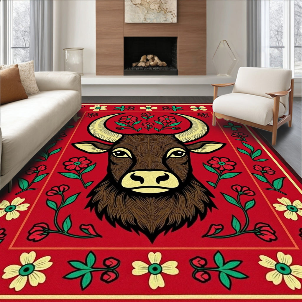 Crimson Bull Floral Border Rug