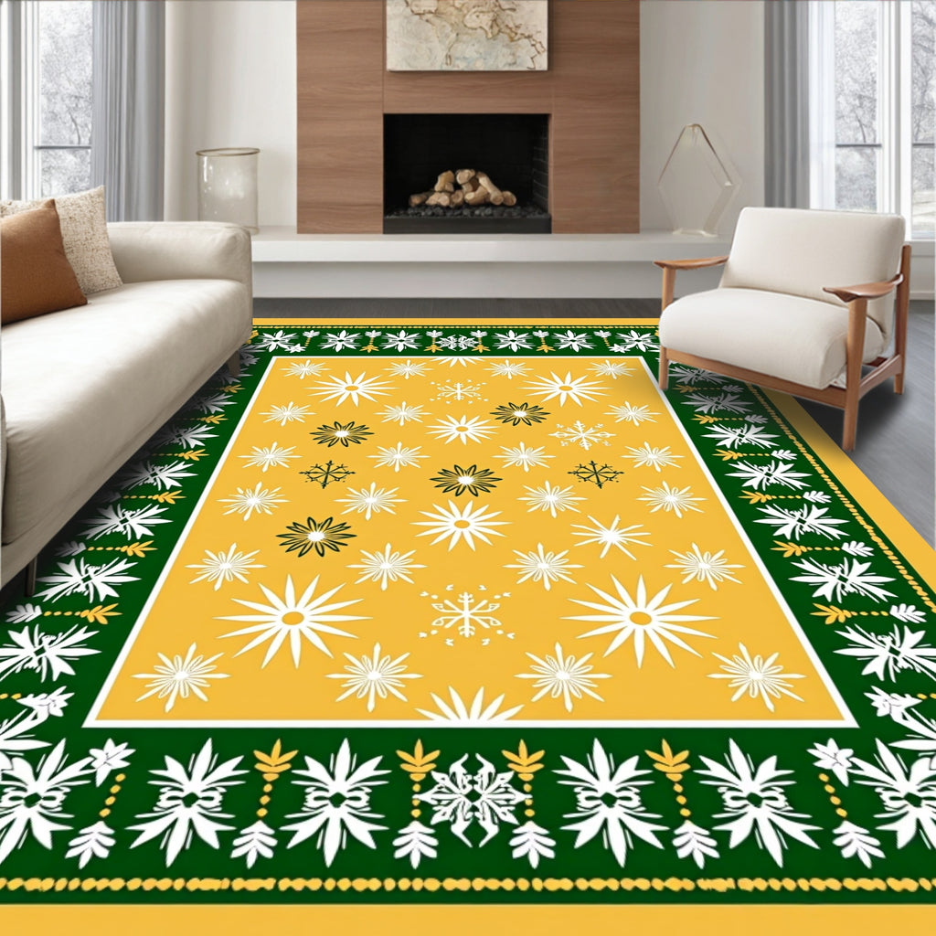 Golden Yellow White Snowflake Border Rug