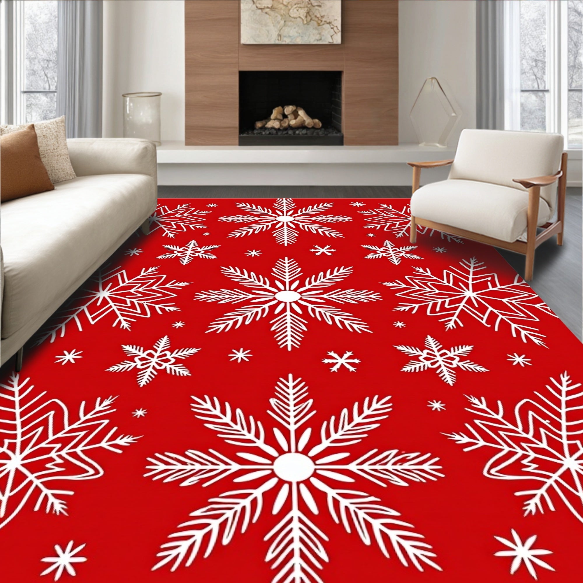 Bold White Snowflakes on Red Backdrop Rug