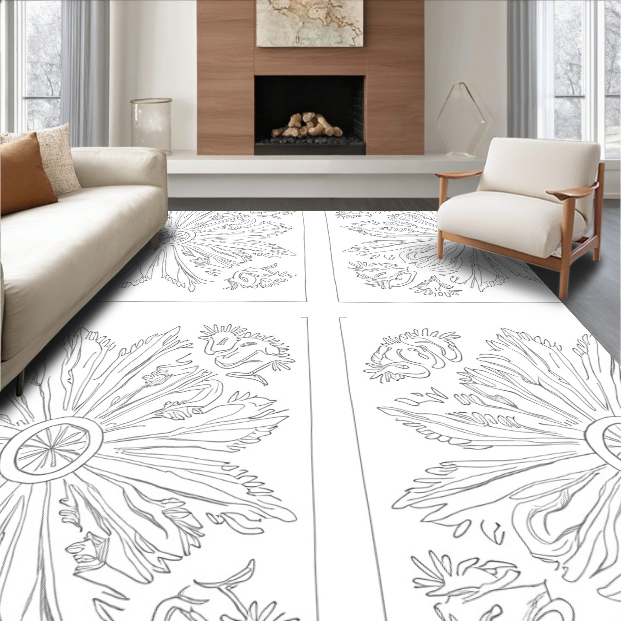 Ornate Floral Medallion Line Art Rug