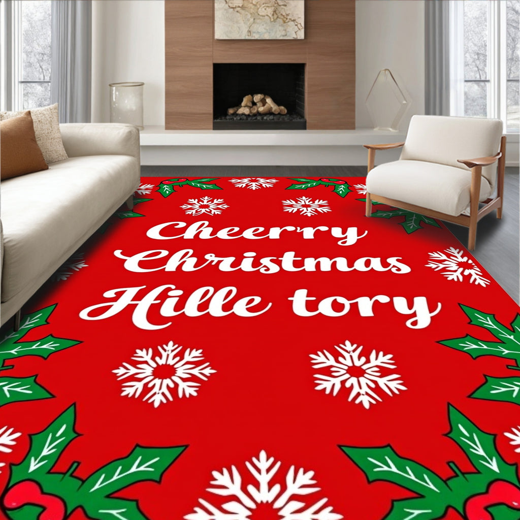 Festive Red Holly Snowflake Border Rug