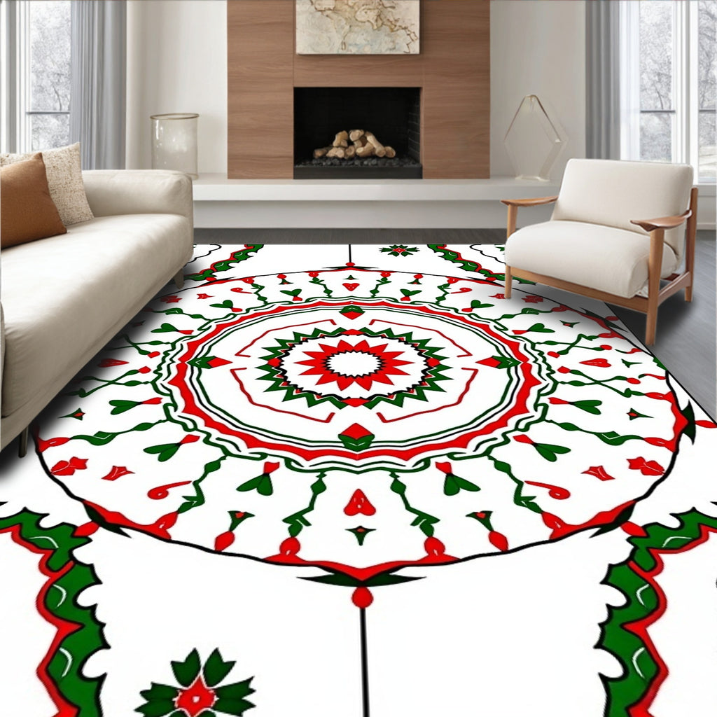 Red Green Medallion Mandala Rug