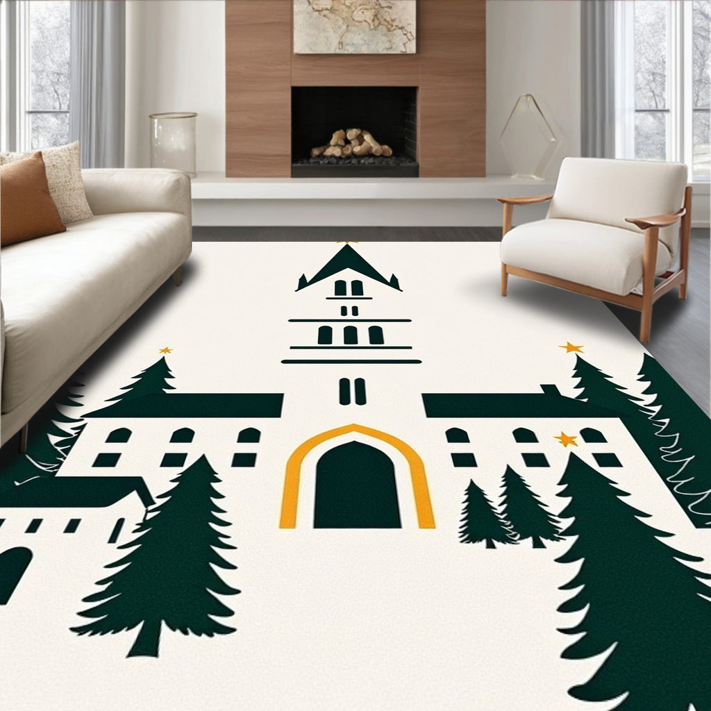 Dark Green Pine Festive Village Scene Rug