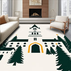 Dark Green Pine Festive Village Scene Rug